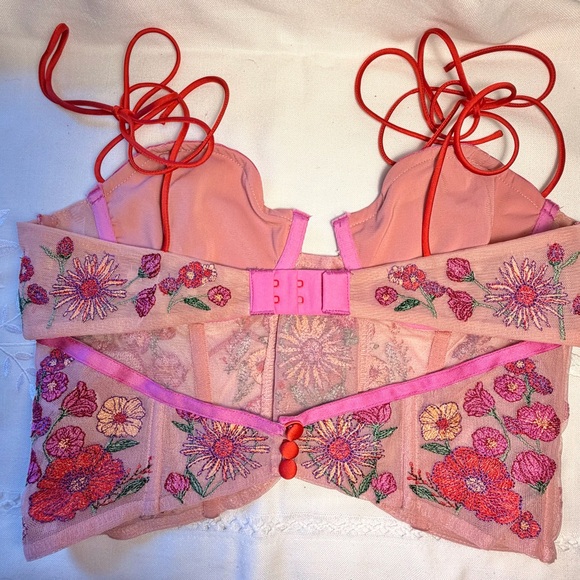 For Love & Lemons Floral Embroidered Corset Bra with Red Lace-Up - Picture 3 of 7